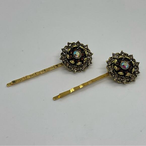 Handmade Amber Iridescent Rhinestone Set Hair Clips Whimsical Fairy Jewelry NWT - Picture 4 of 6